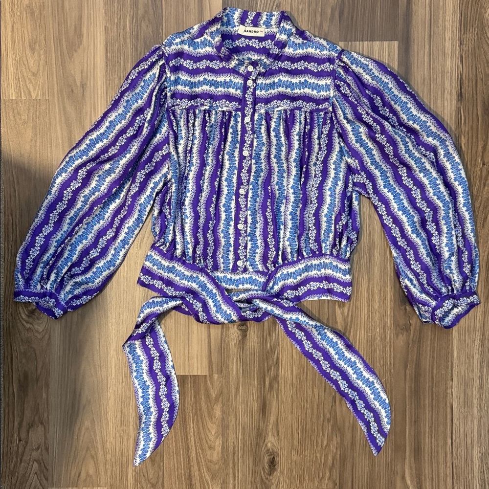 Sandro Silk Floral Stripe Purple Blue Balloon Sleeve Button Tie Cropped Blouse S - Picture 9 of 17